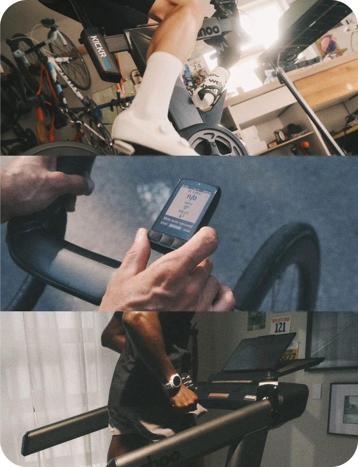 Collage showing an indoor cycling setup, a hand holding a Wahoo ELEMNT bike computer, and an athlete on a treadmill