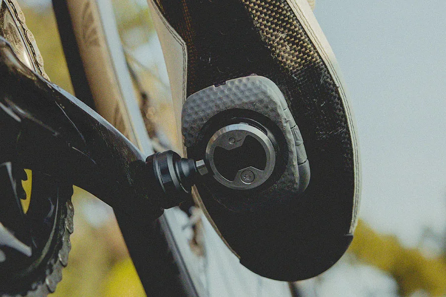 Wahoo Speedplay pedal and cleat engaged on a cycling shoe